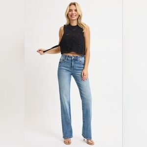 Risen High Rise Tummy Control Medium Wash Classic Straight Fit Denim Jeans NEW